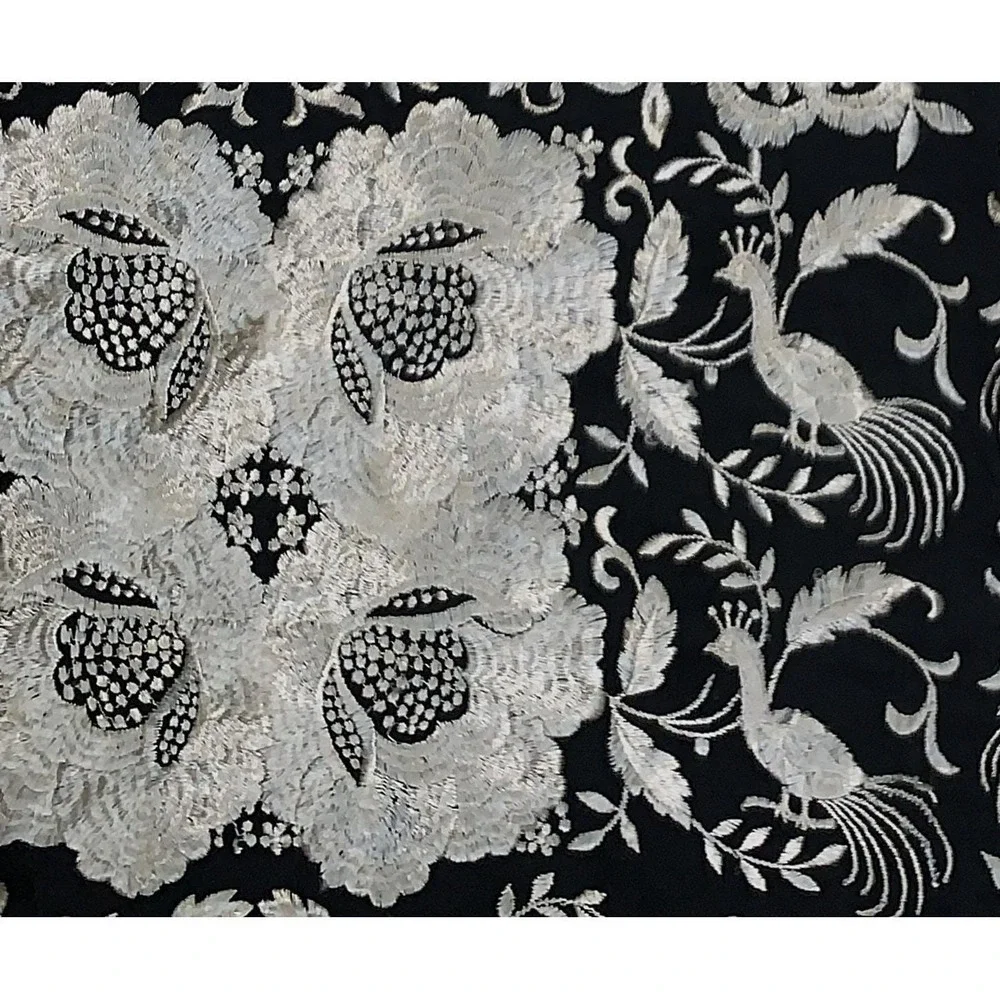 Antique Black Ivory Silk Floral w Peacocks Embroidered Manila Fashion Shawl READ